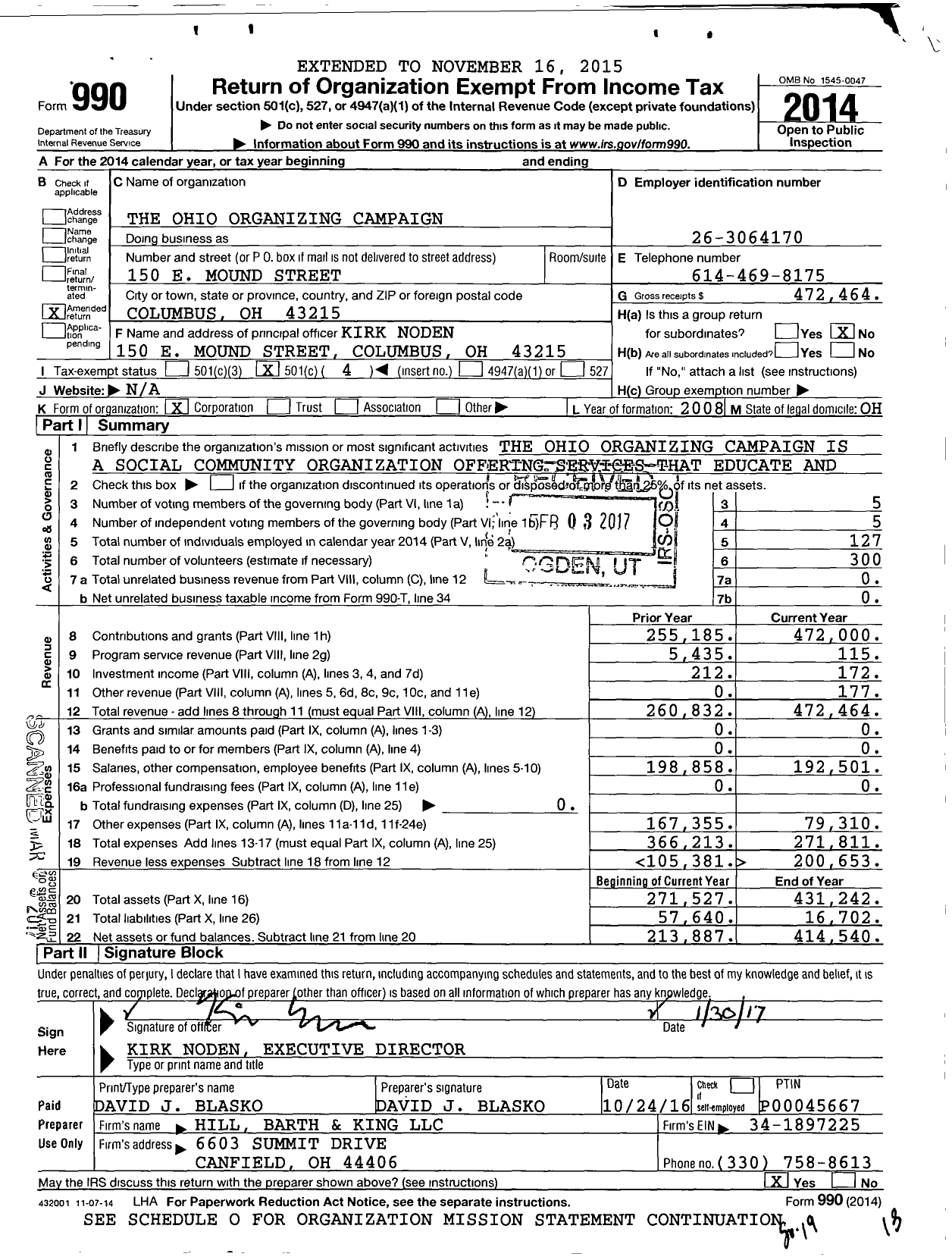 Image of first page of 2014 Form 990O for The Ohio Organizing Campaign