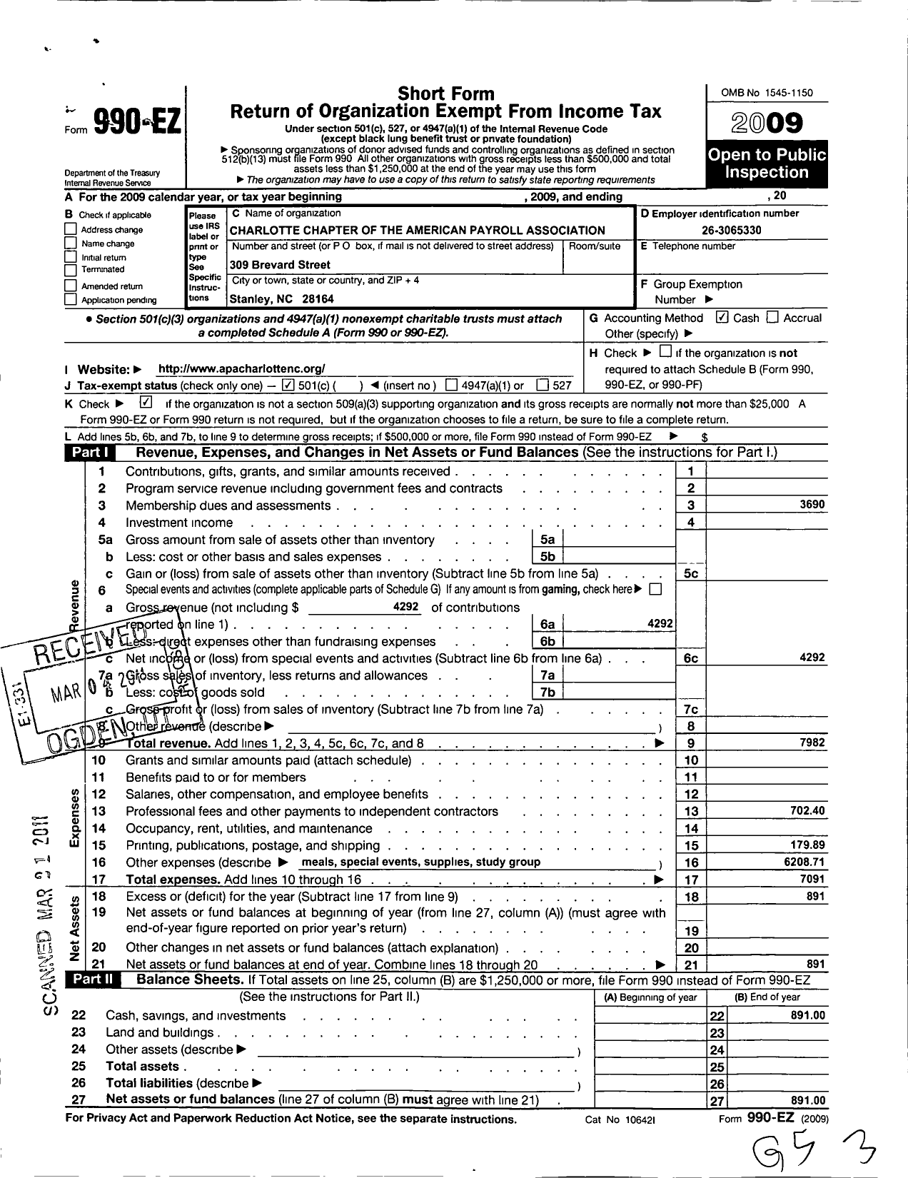 Image of first page of 2009 Form 990EO for Charlotte Chapter of the American Payroll Association