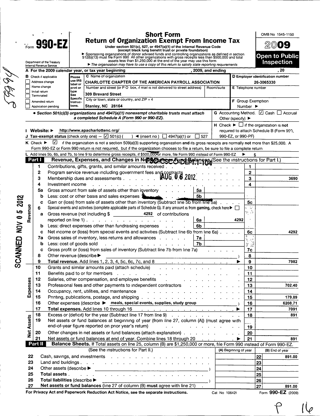 Image of first page of 2009 Form 990EO for Charlotte Chapter of the American Payroll Association