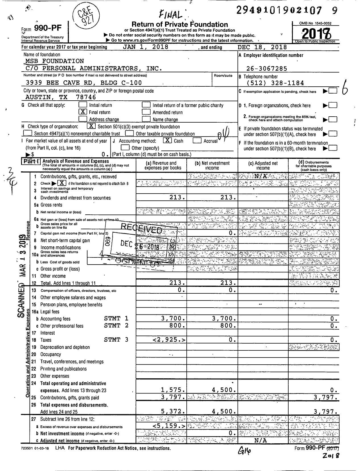 Image of first page of 2018 Form 990PF for MSB Foundation