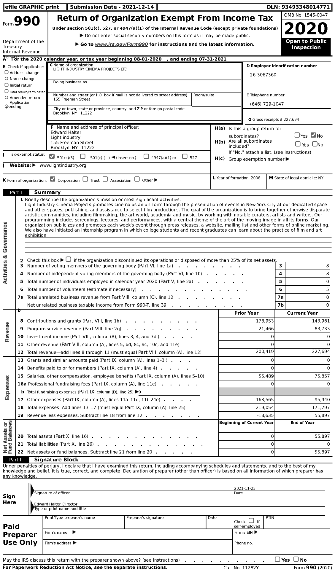 Image of first page of 2020 Form 990 for Light Industry Cinema Projects