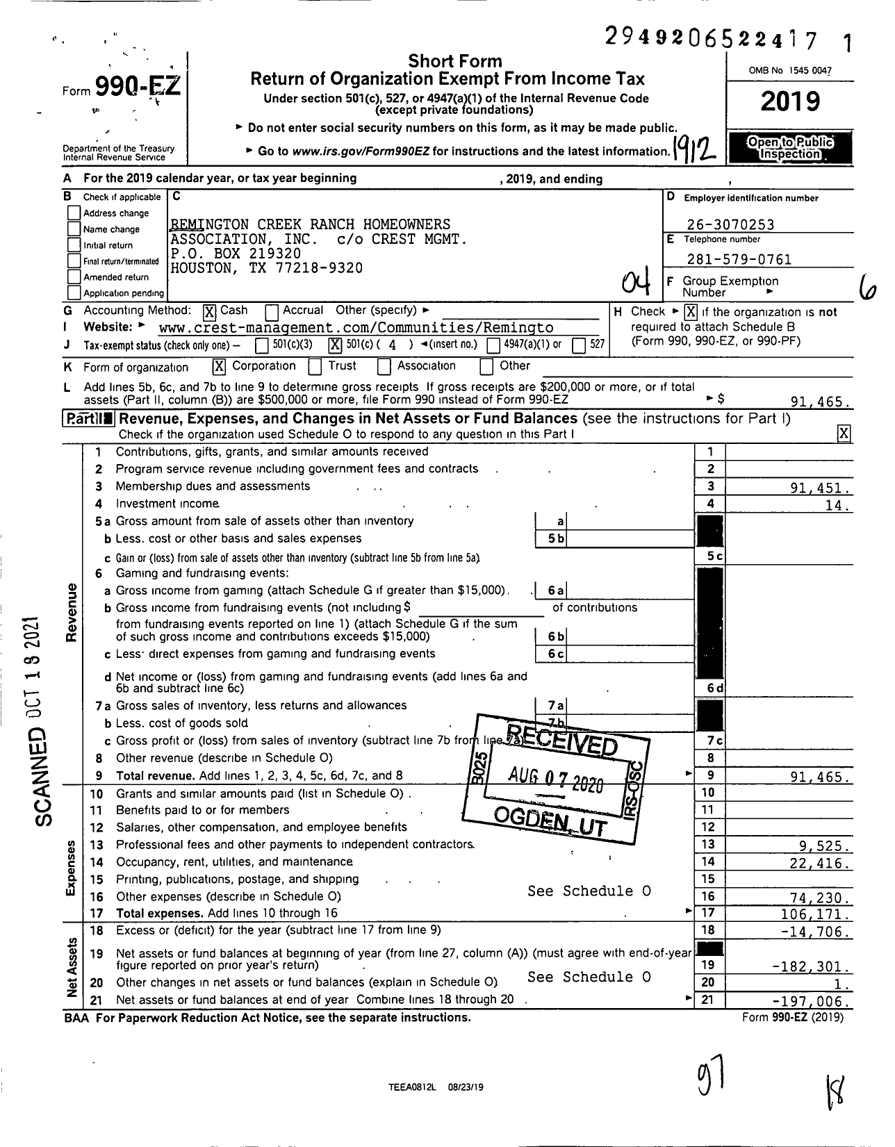 Image of first page of 2019 Form 990EO for Remington Creek Ranch Homeowners Association