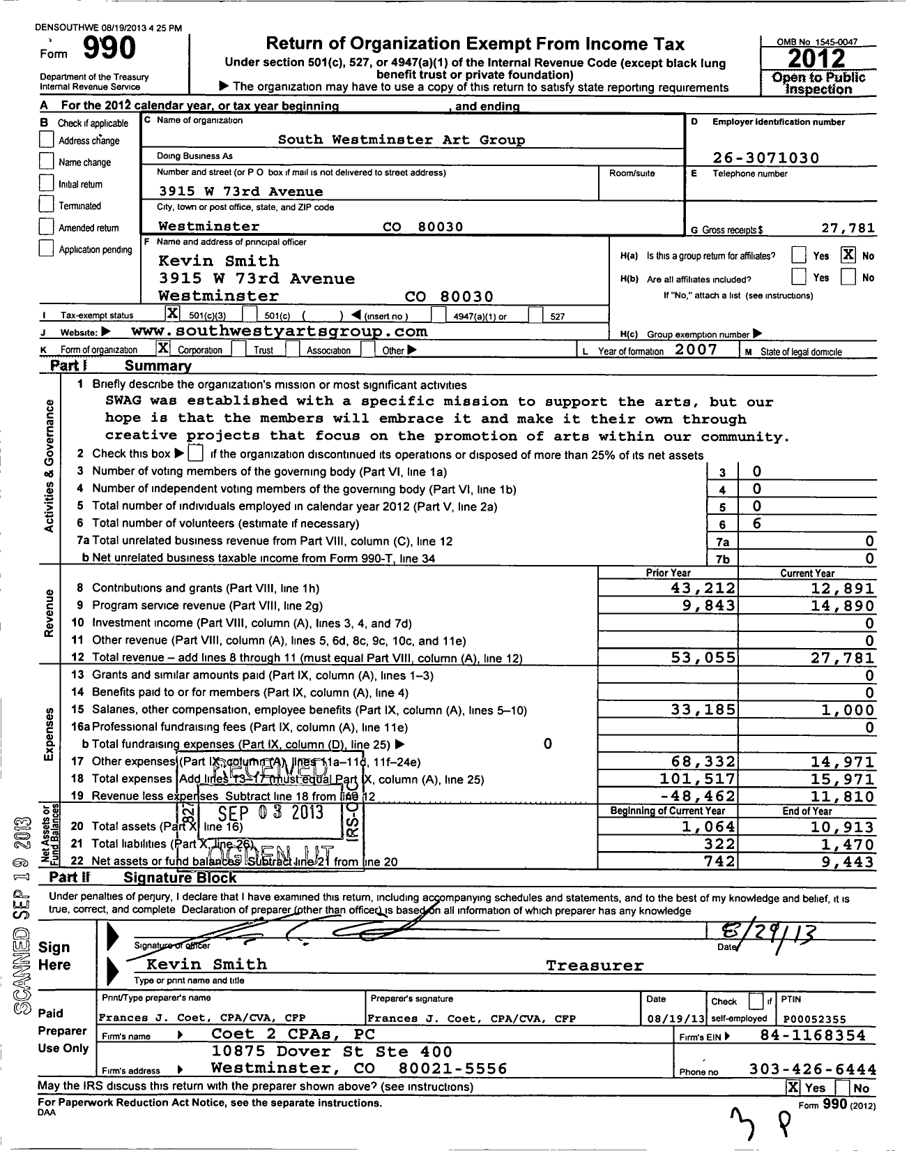 Image of first page of 2012 Form 990 for South Westminster Arts Group (SWAG)