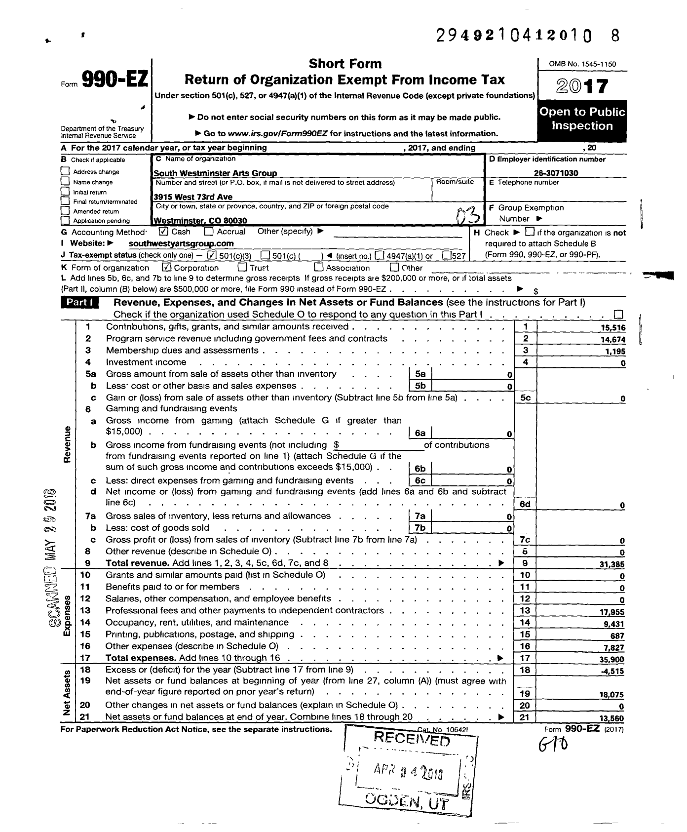 Image of first page of 2017 Form 990EZ for South Westminster Arts Group (SWAG)