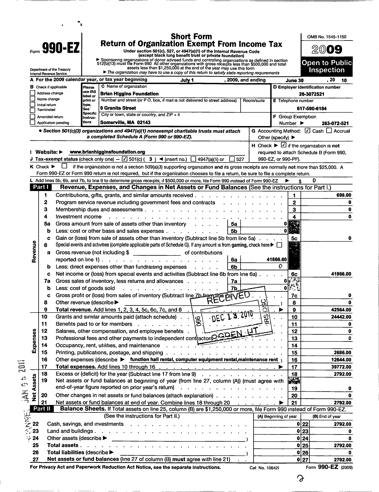 Image of first page of 2009 Form 990EZ for Brian Higgins Foundation