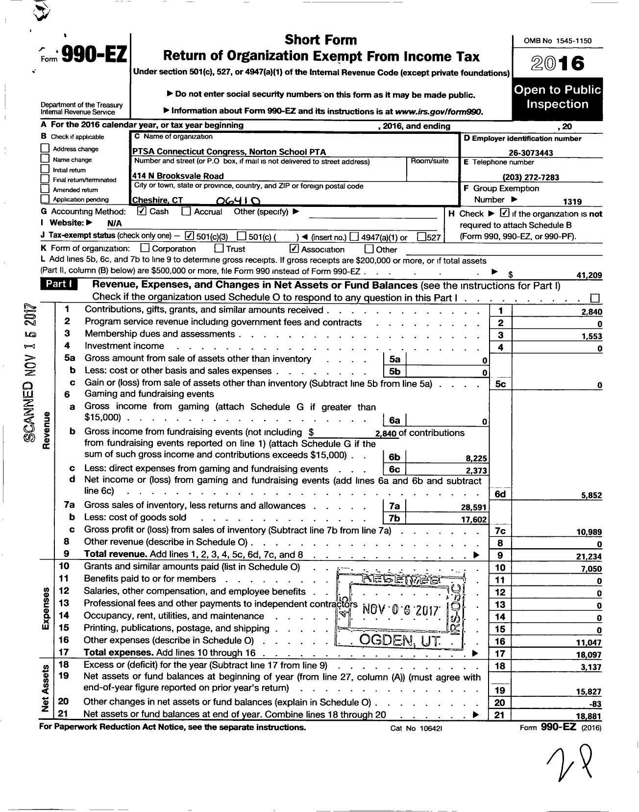 Image of first page of 2016 Form 990EZ for CT PTA - NORTon School PTA of Cheshire CT