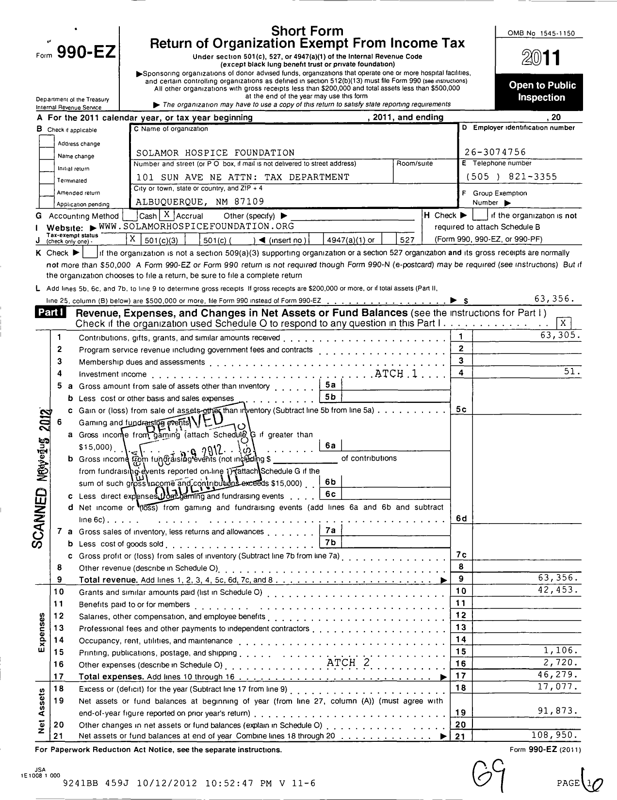 Image of first page of 2011 Form 990EZ for Solamor Hospice Foundation