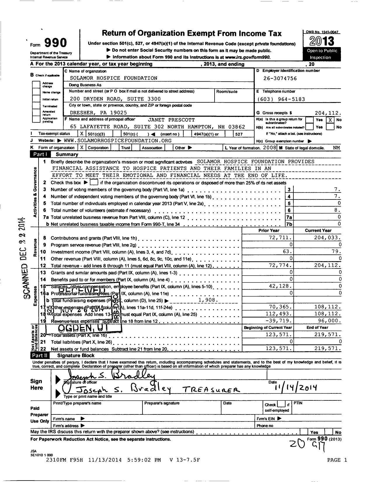 Image of first page of 2013 Form 990 for Solamor Hospice Foundation