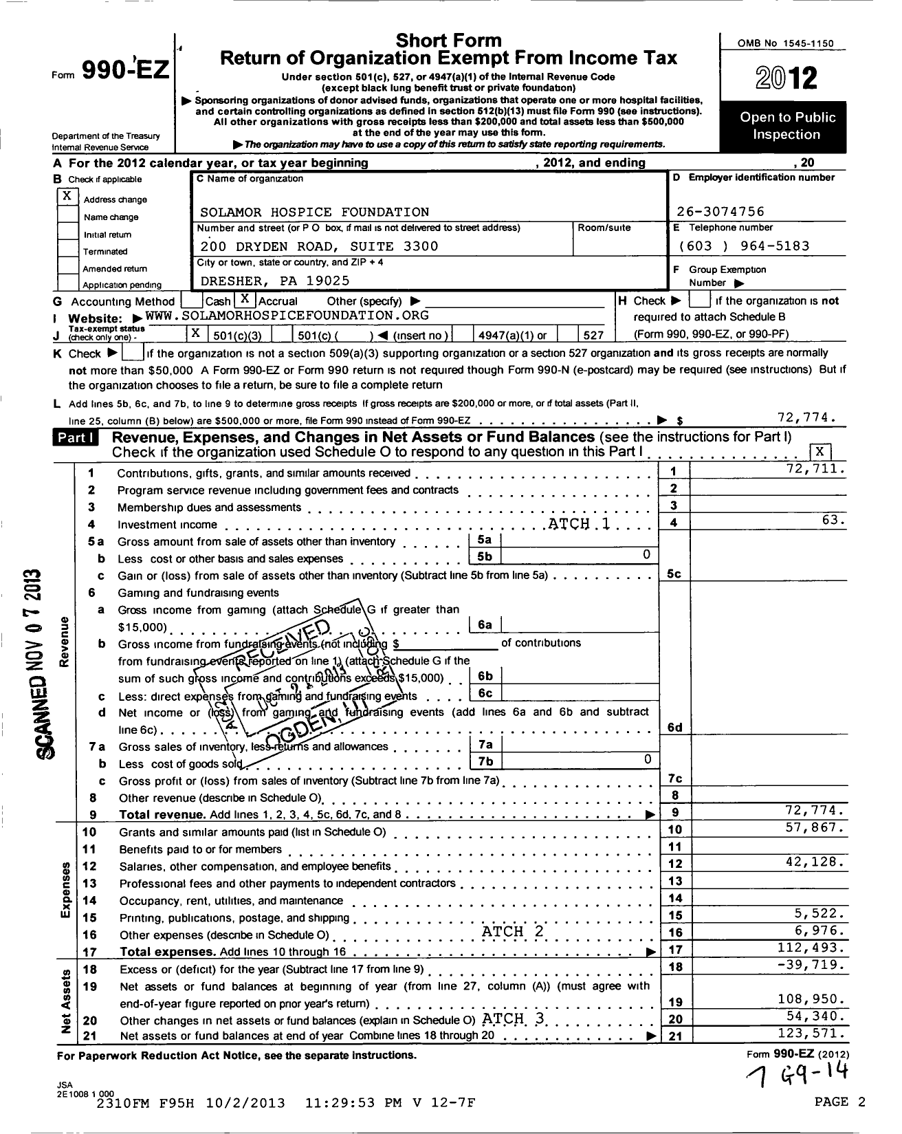 Image of first page of 2012 Form 990EZ for Solamor Hospice Foundation