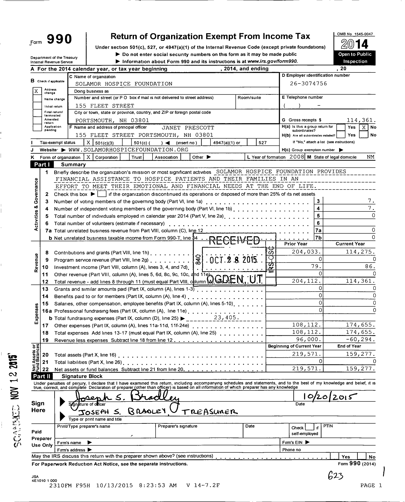 Image of first page of 2014 Form 990 for Solamor Hospice Foundation