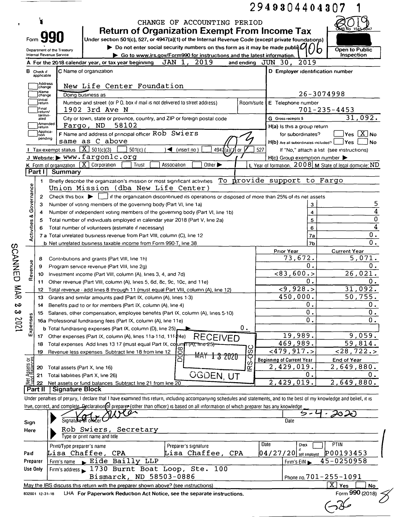 Image of first page of 2018 Form 990 for New Life Center Foundation