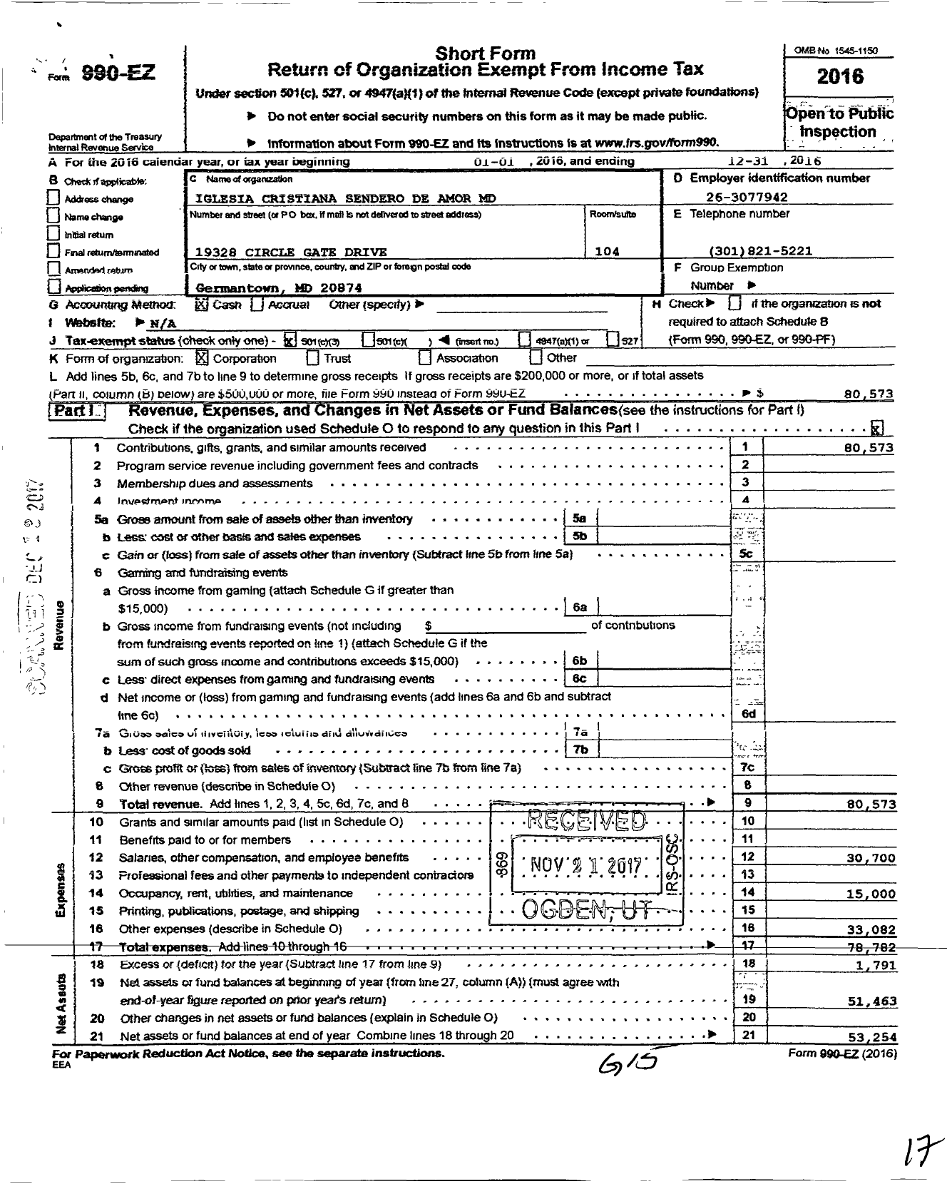 Image of first page of 2016 Form 990EZ for Iglesia Cristiana Sendero de Amor MD