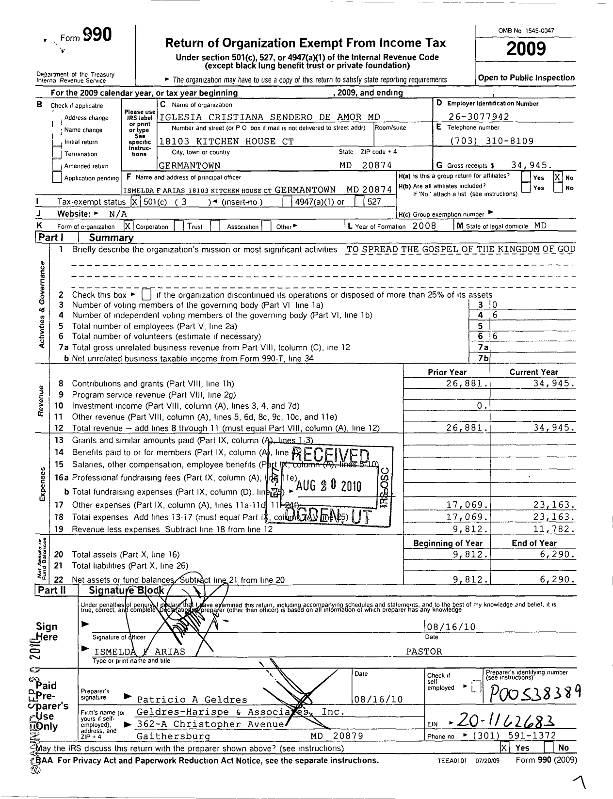 Image of first page of 2009 Form 990 for Iglesia Cristiana Sendero de Amor MD