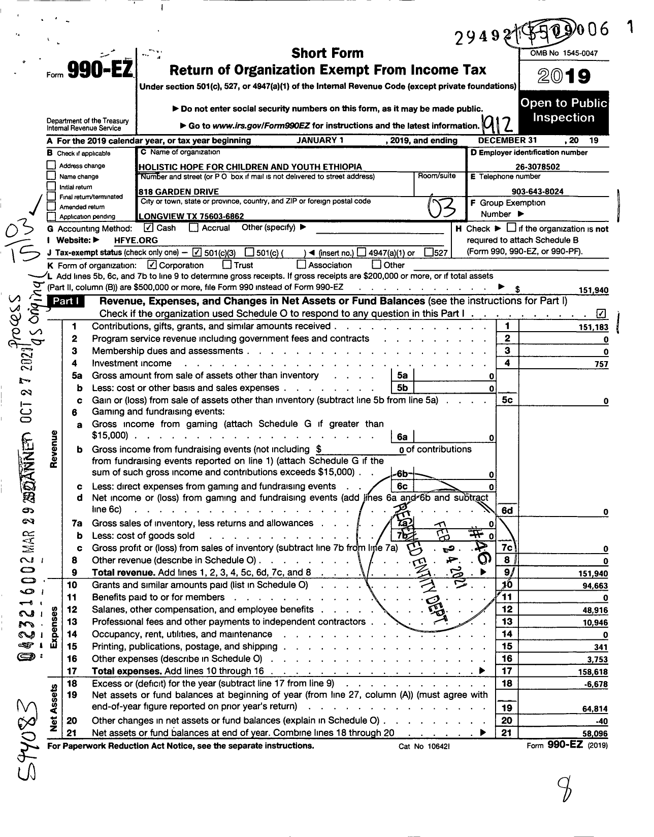 Image of first page of 2019 Form 990EZ for Holistic Hope for Children and Youth International