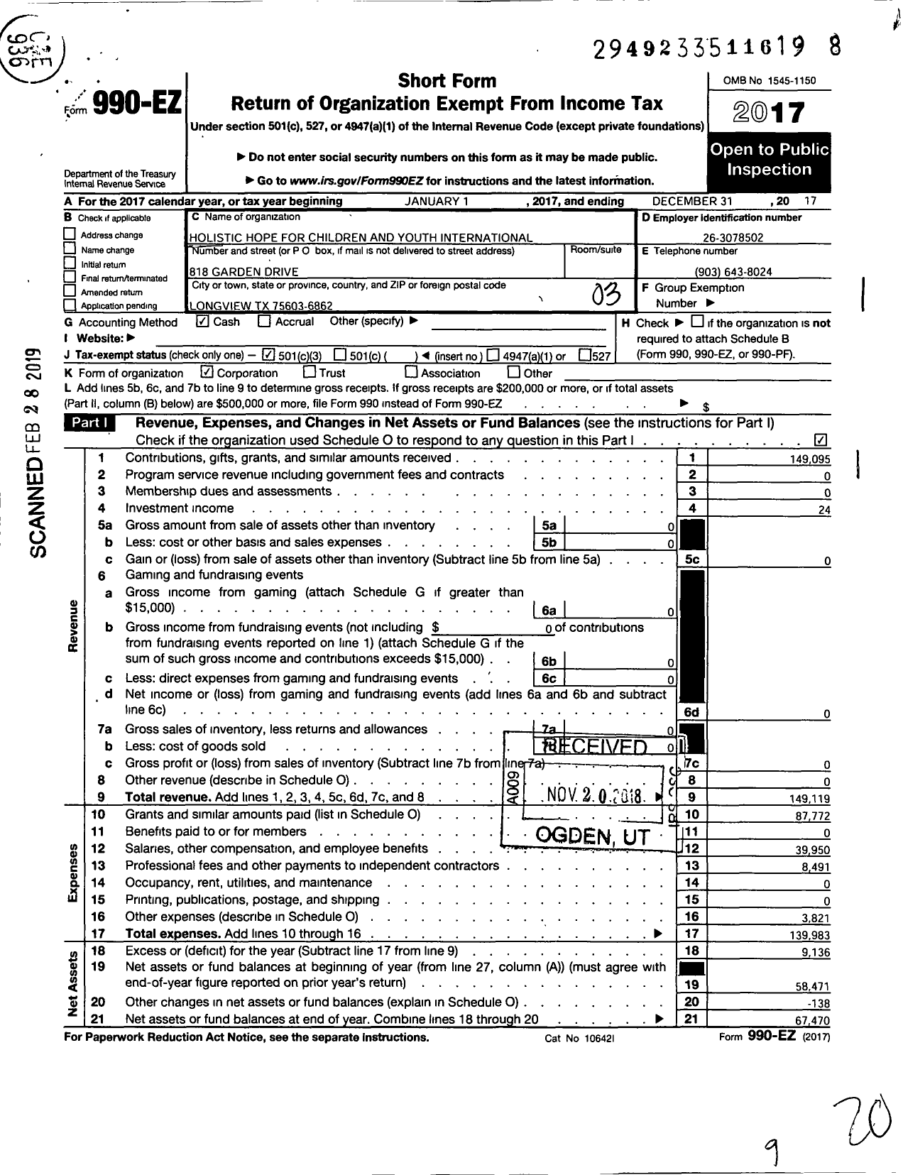 Image of first page of 2017 Form 990EZ for Holistic Hope for Children and Youth International