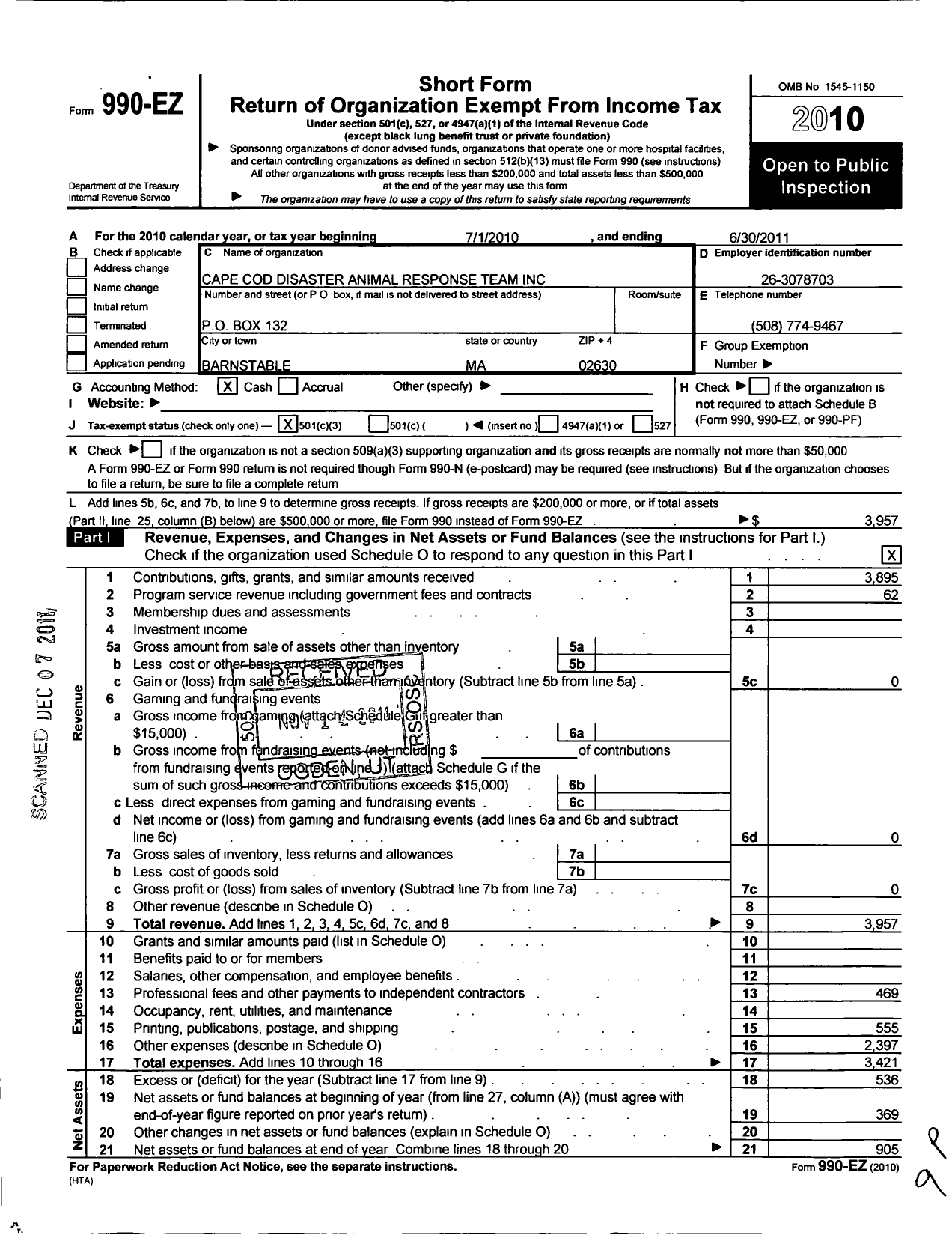 Image of first page of 2010 Form 990EZ for Cape Cod Disaster Animal Response Team (CCDART)