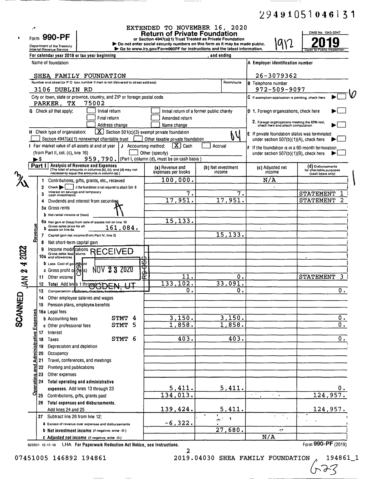 Image of first page of 2019 Form 990PF for Shea Family Foundation