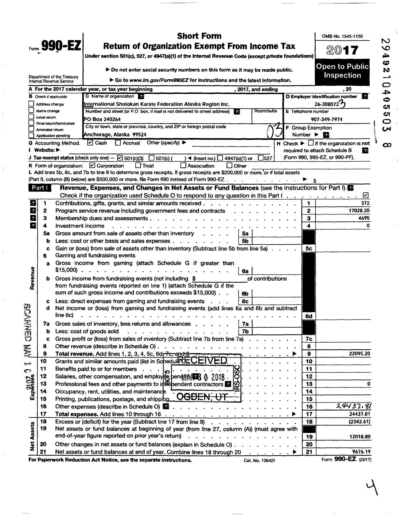 Image of first page of 2017 Form 990EZ for International Shotokan Karate Federation Alaska Region