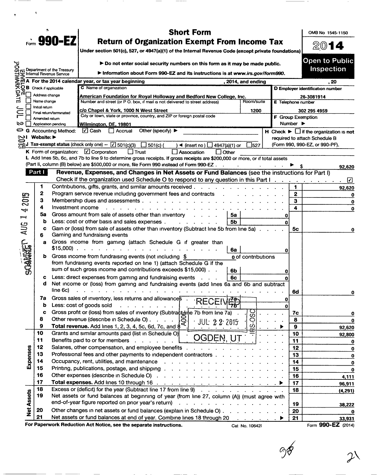 Image of first page of 2014 Form 990EZ for American Foundation for Royal Holloway and Bedford New College I