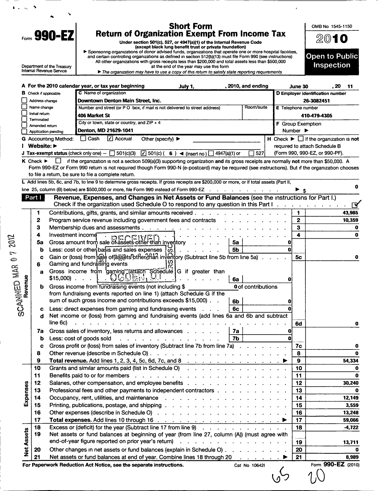 Image of first page of 2010 Form 990EO for Downtown Denton Main Street