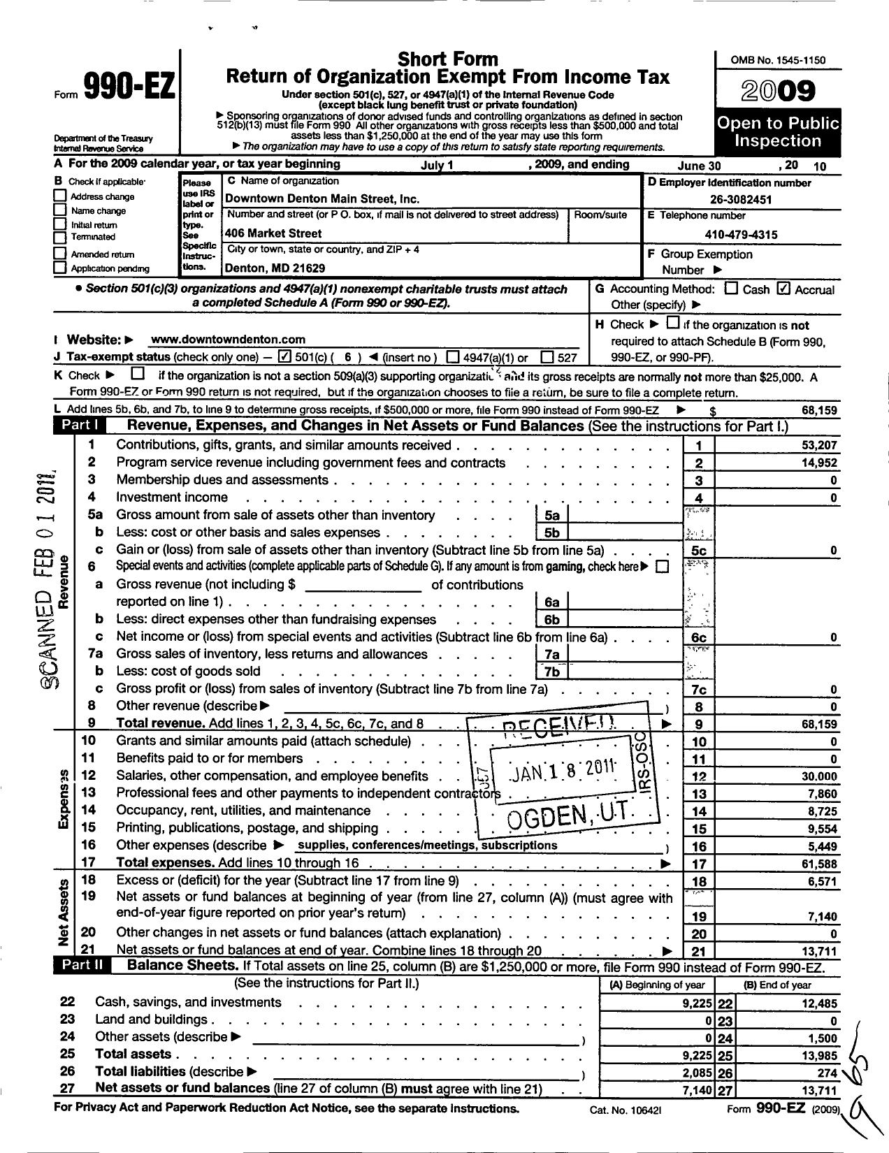 Image of first page of 2009 Form 990EO for Downtown Denton Main Street