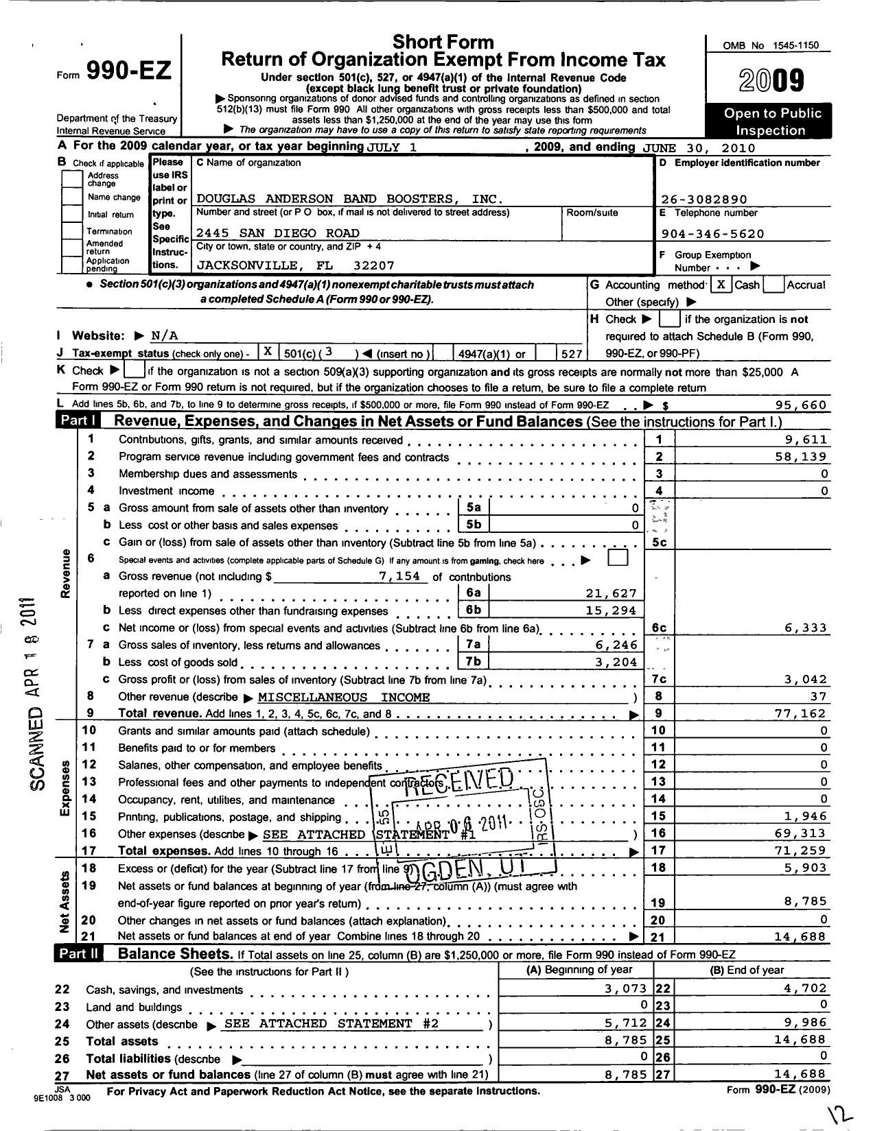 Image of first page of 2009 Form 990EZ for Douglas Anderson Band Boosters