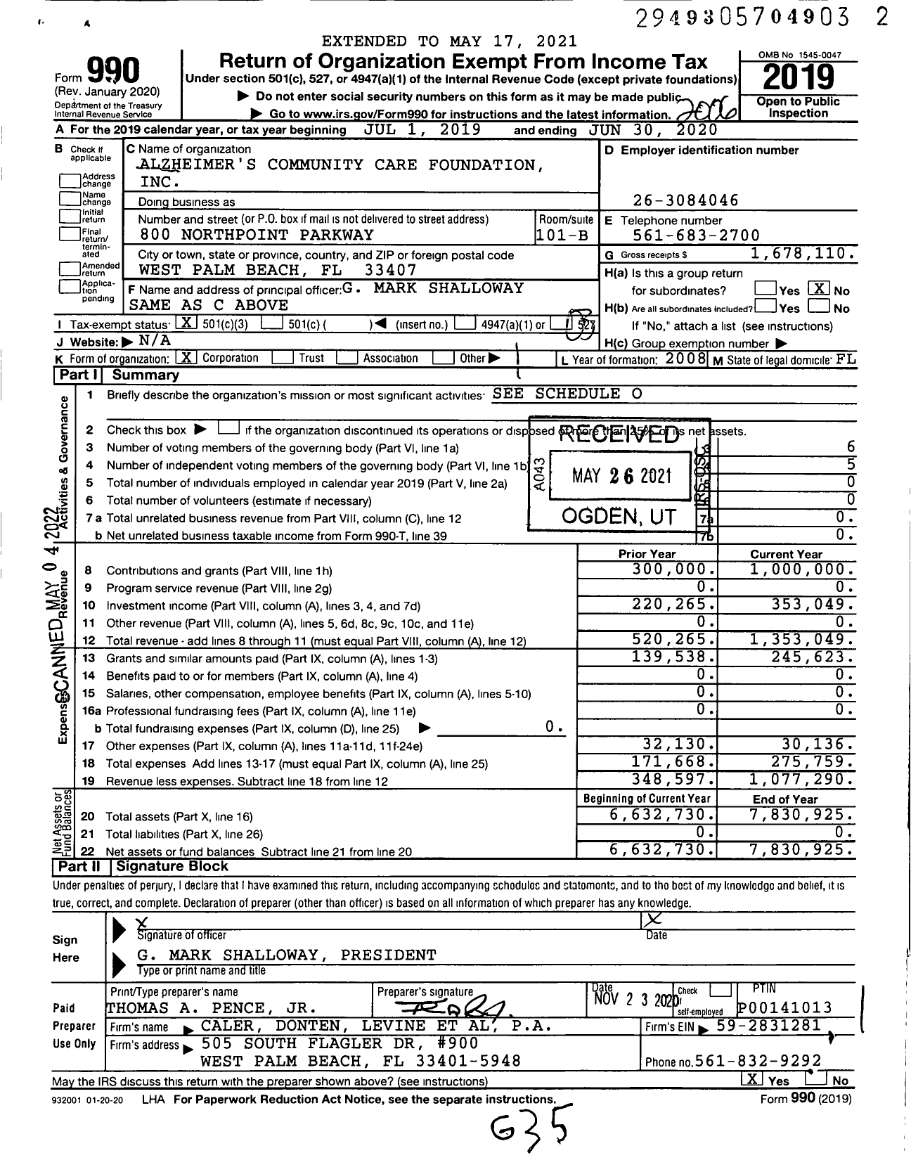 Image of first page of 2019 Form 990 for Alzheimer's Community Care Foundation