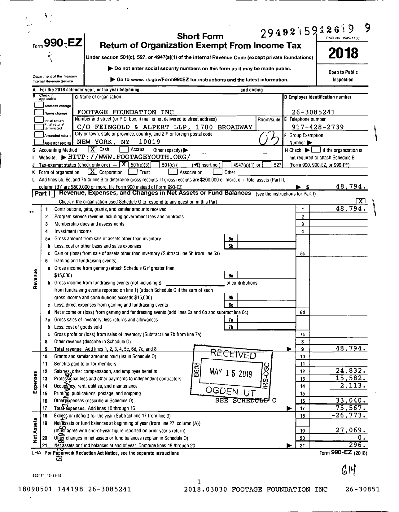 Image of first page of 2018 Form 990EZ for Footage Foundation