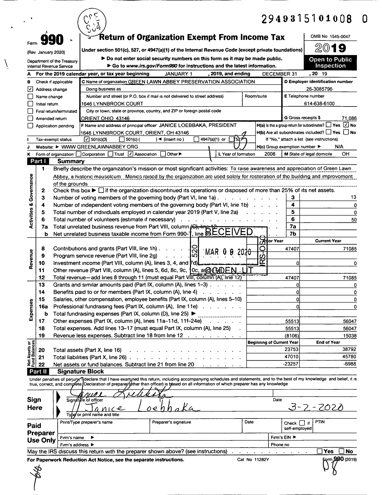 Image of first page of 2019 Form 990 for Greenlawn Abbey Preservation Association