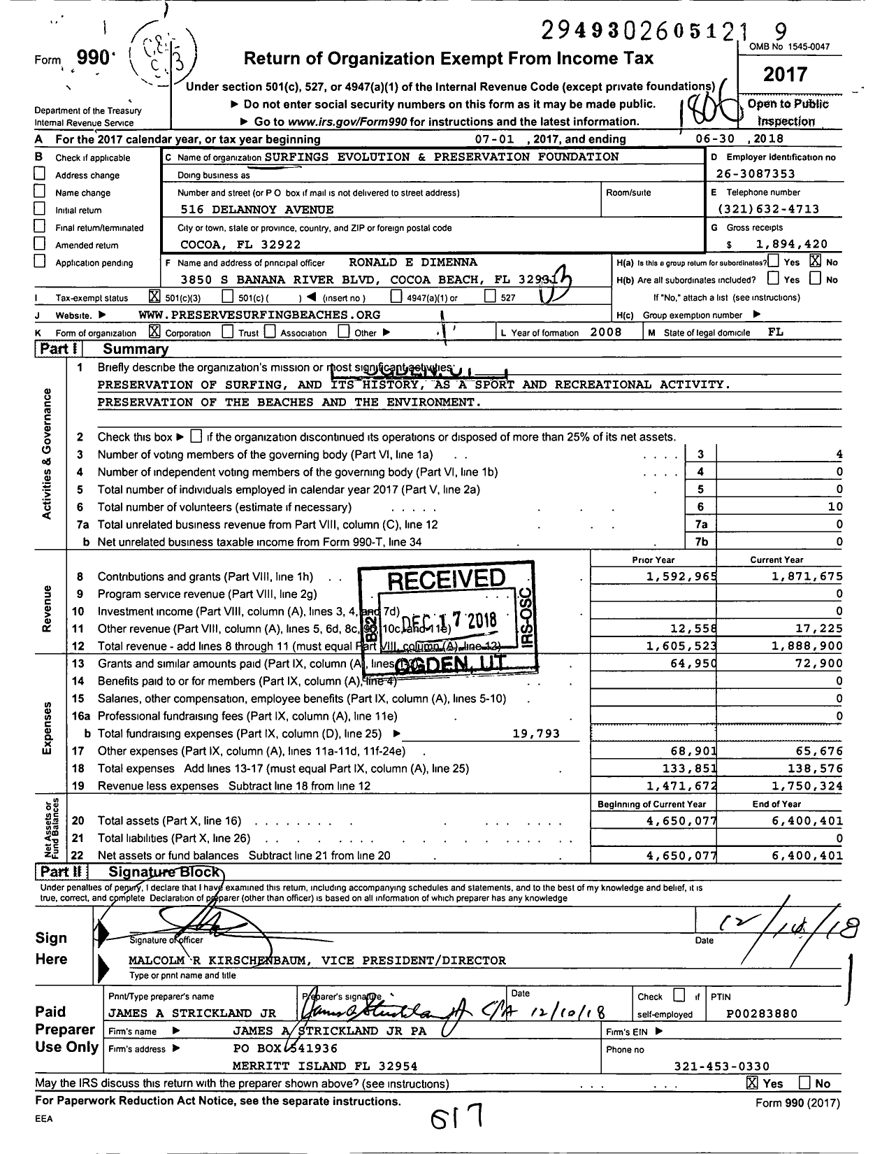 Image of first page of 2017 Form 990 for Surfing's Evolution and Preservation Foundation