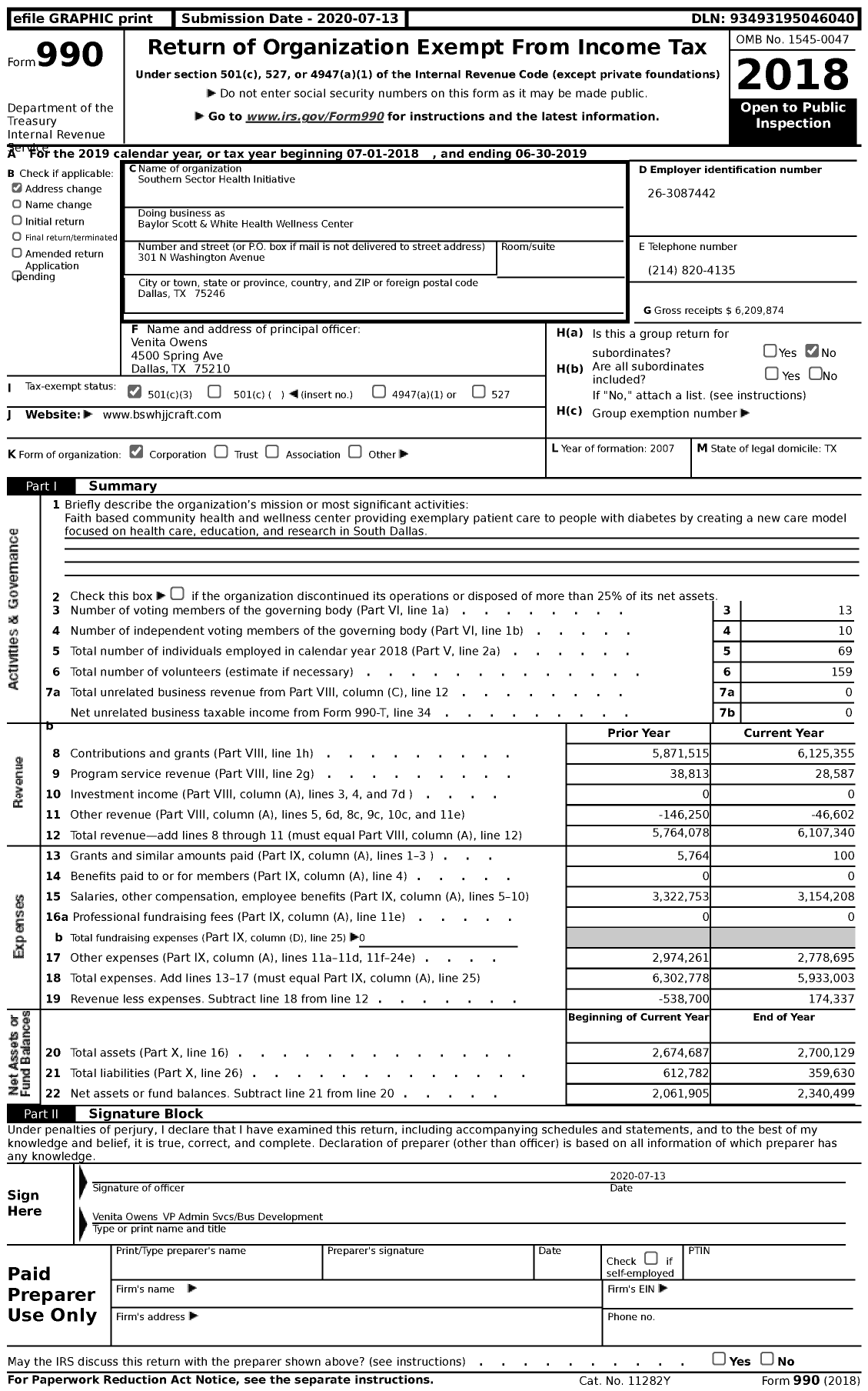 Image of first page of 2018 Form 990 for Baylor Scott & White Health and Wellness Center