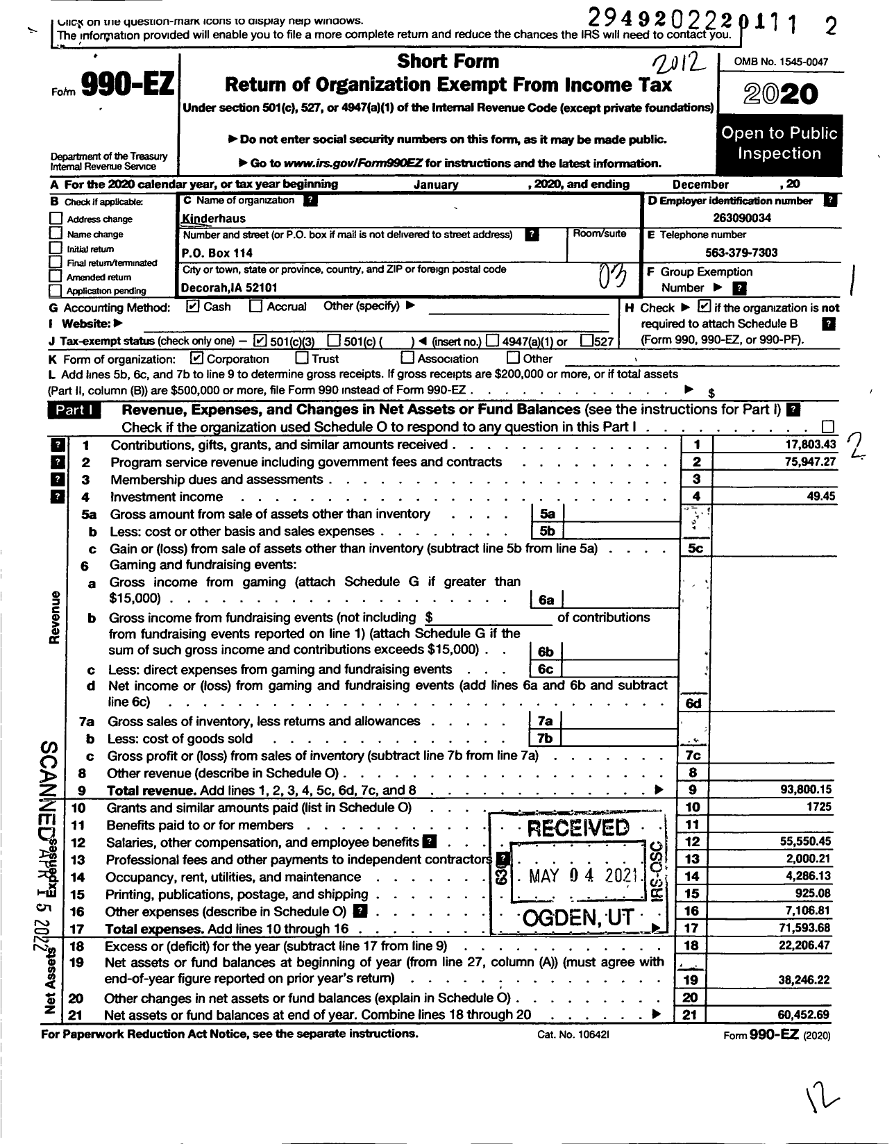 Image of first page of 2020 Form 990EZ for Kinderhaus