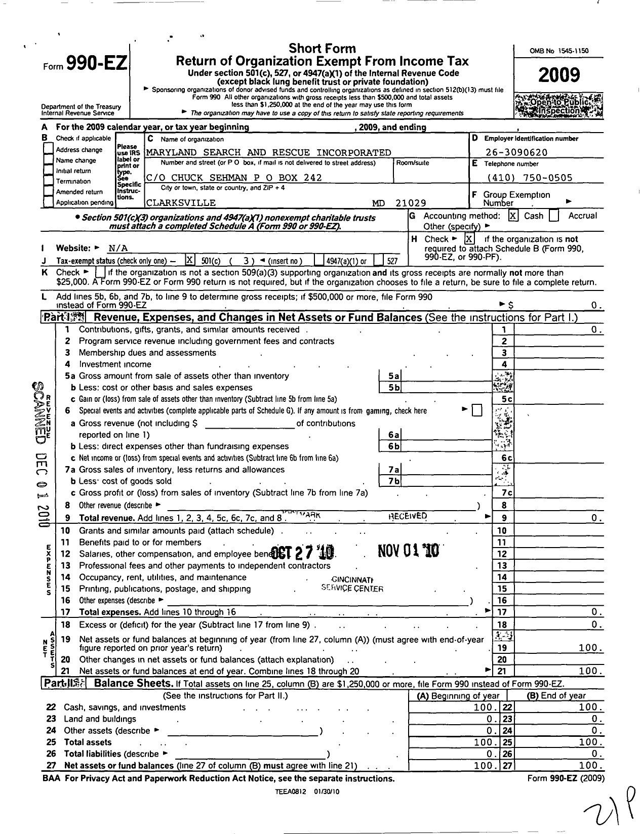 Image of first page of 2009 Form 990EZ for Maryland Search and Rescue Incorporated