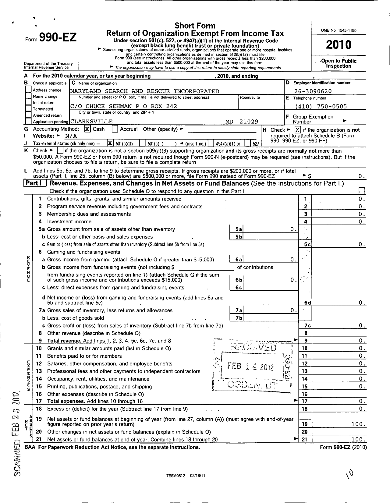 Image of first page of 2010 Form 990EZ for Maryland Search and Rescue Incorporated