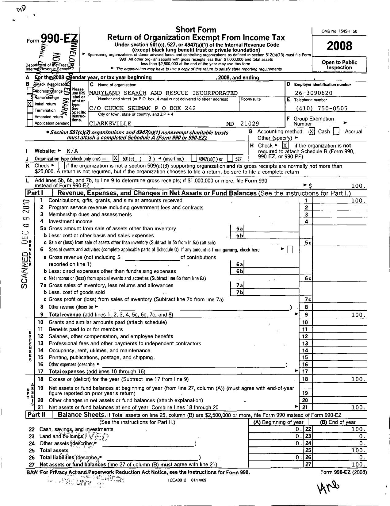 Image of first page of 2008 Form 990EZ for Maryland Search and Rescue Incorporated