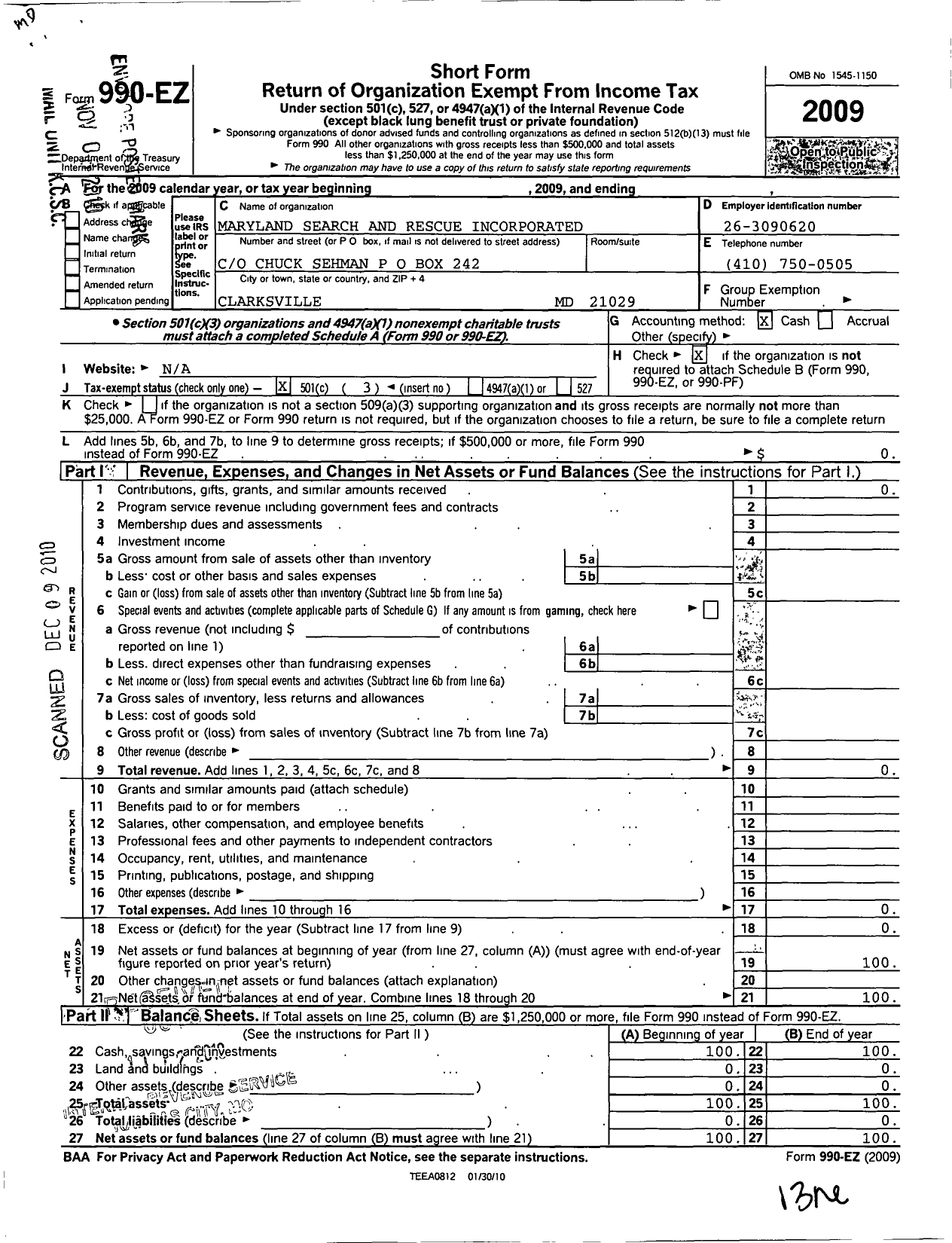 Image of first page of 2009 Form 990EZ for Maryland Search and Rescue Incorporated