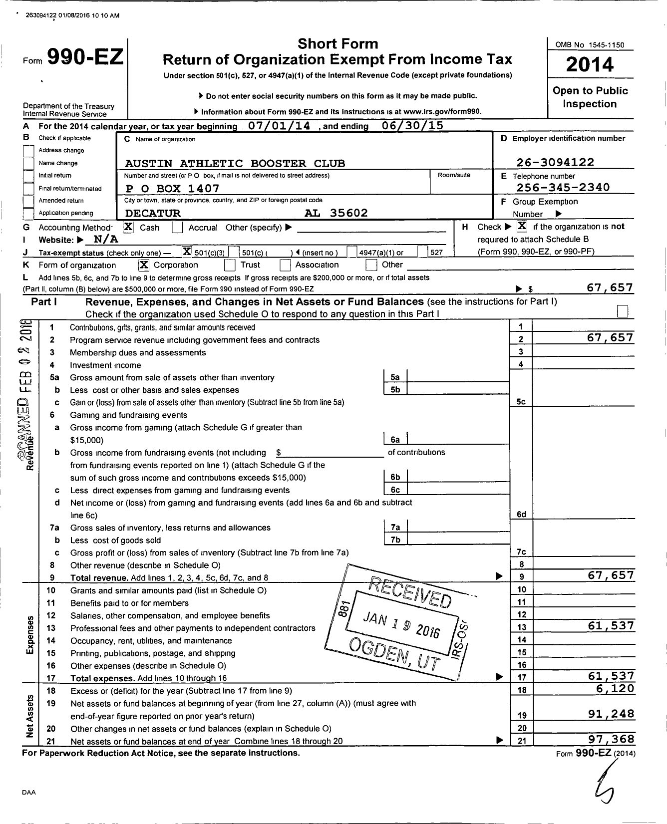 Image of first page of 2014 Form 990EZ for Austin Athletic Booster Club