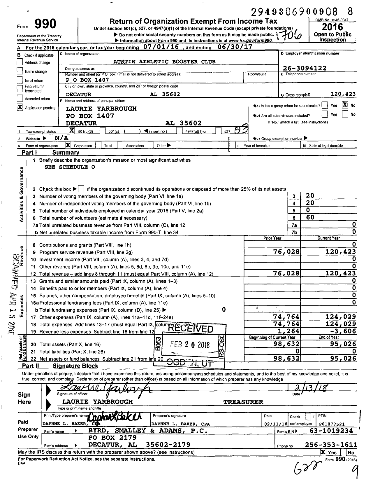 Image of first page of 2016 Form 990 for Austin Athletic Booster Club