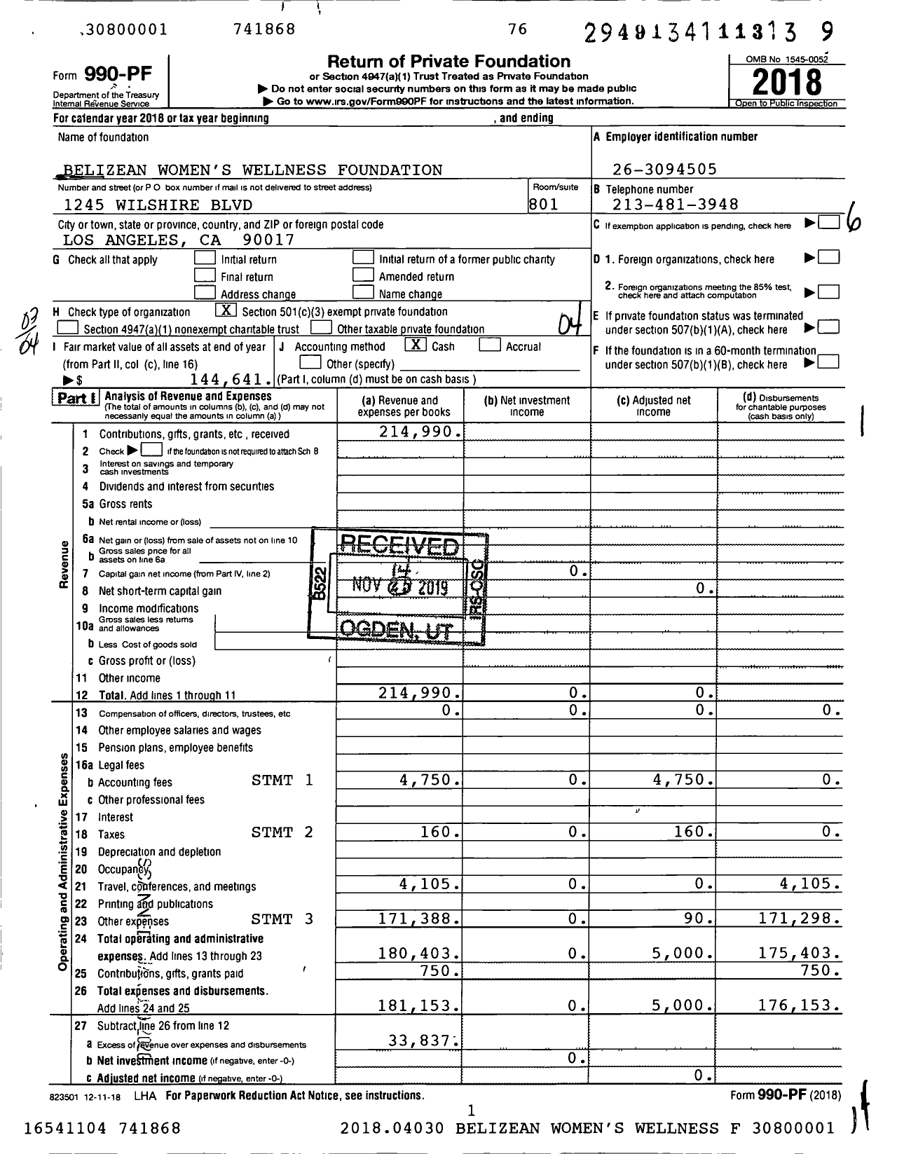 Image of first page of 2018 Form 990PF for Belizean Womens Wellness Foundation