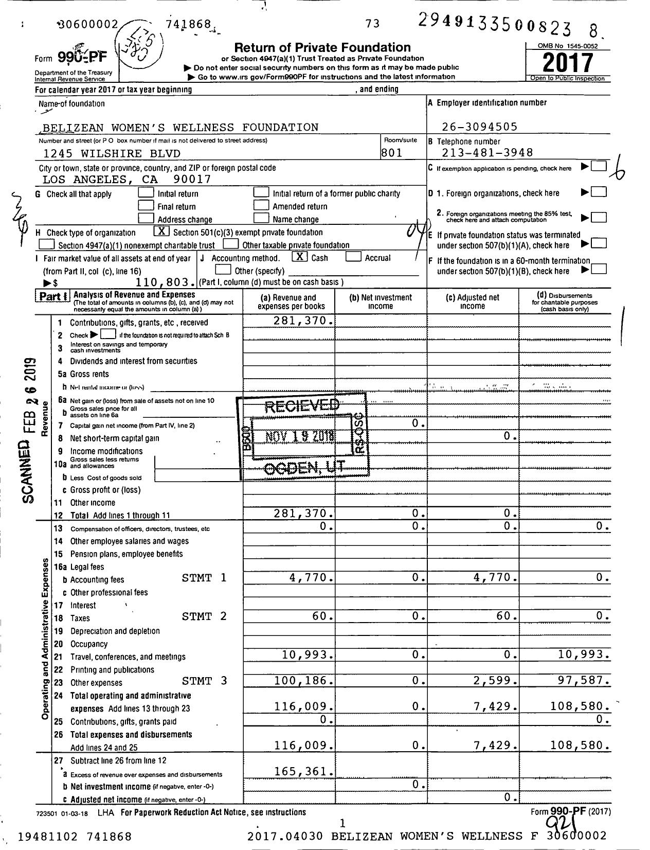 Image of first page of 2017 Form 990PF for Belizean Womens Wellness Foundation