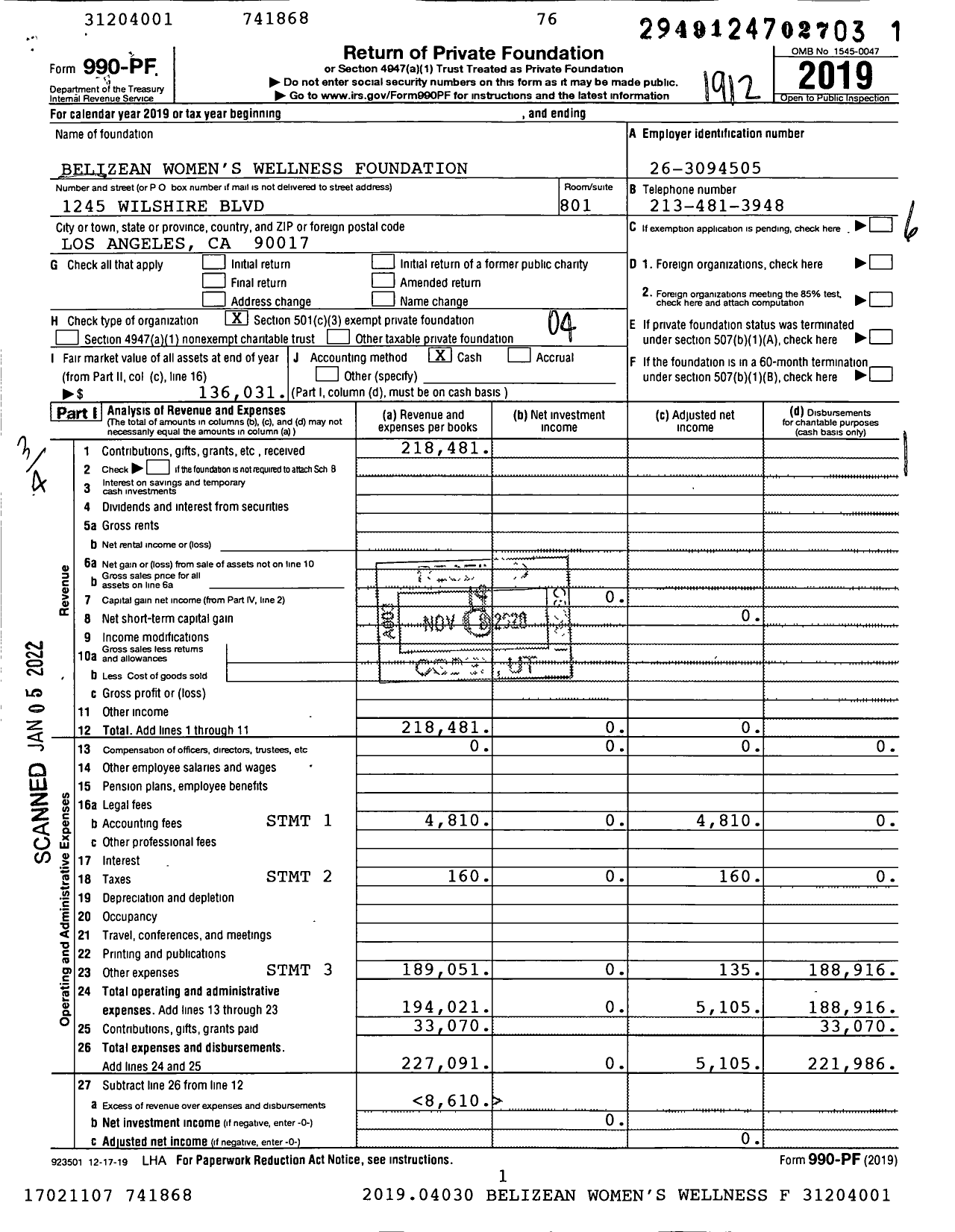 Image of first page of 2019 Form 990PF for Belizean Womens Wellness Foundation