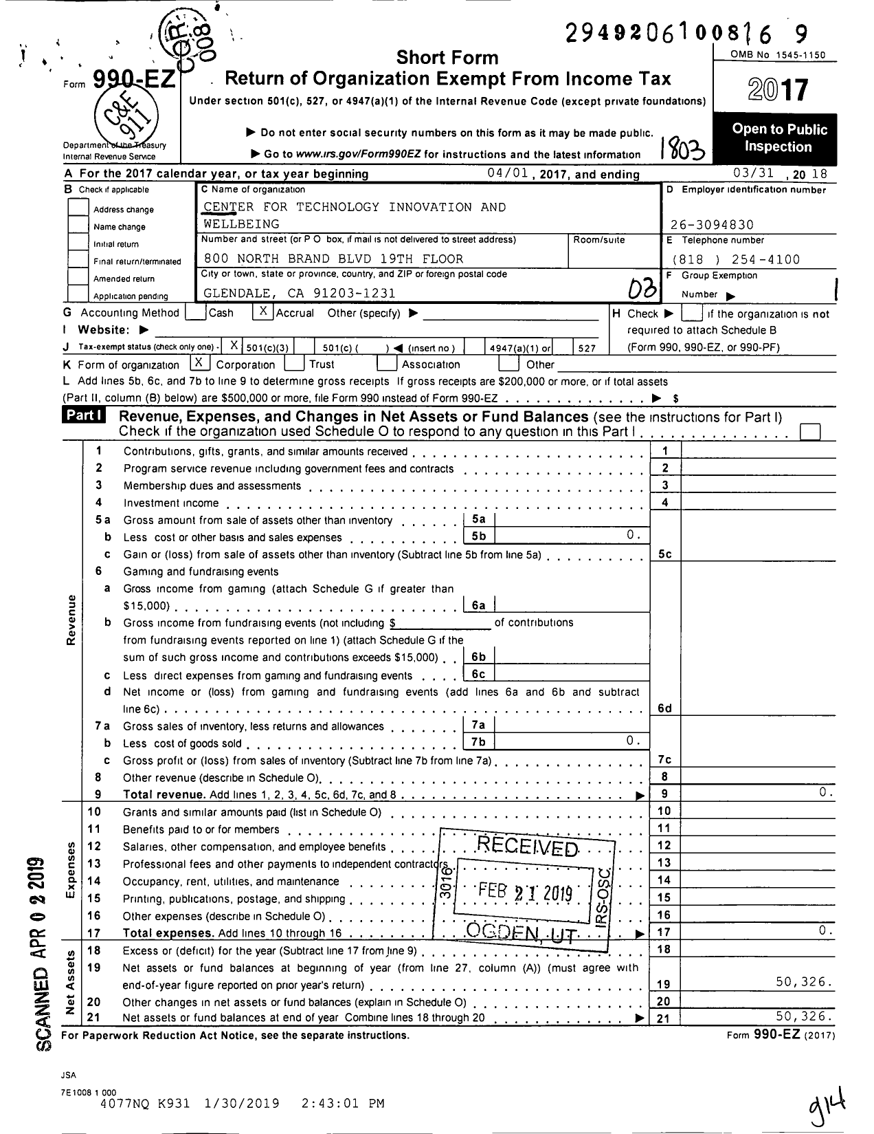 Image of first page of 2017 Form 990EZ for Center for Technology Innovation and Wellbeing