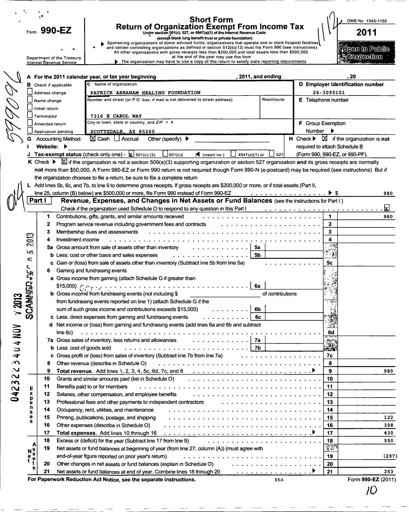 Image of first page of 2011 Form 990EZ for Patrick Abraham Healing