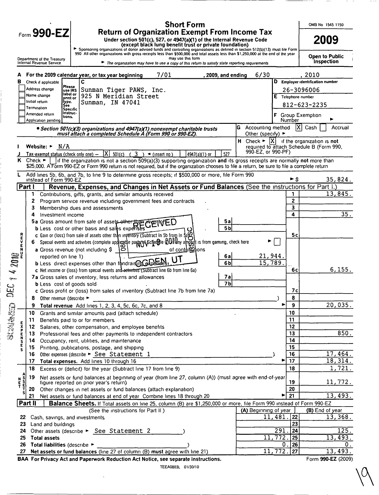 Image of first page of 2009 Form 990EZ for Sunman Tiger Paws