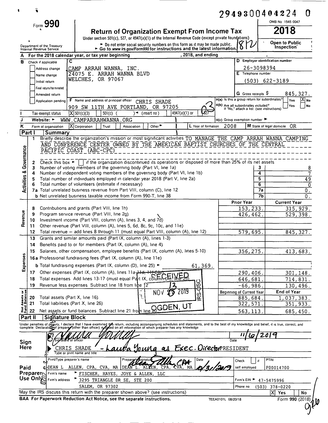 Image of first page of 2018 Form 990 for Camp Arrah Wanna