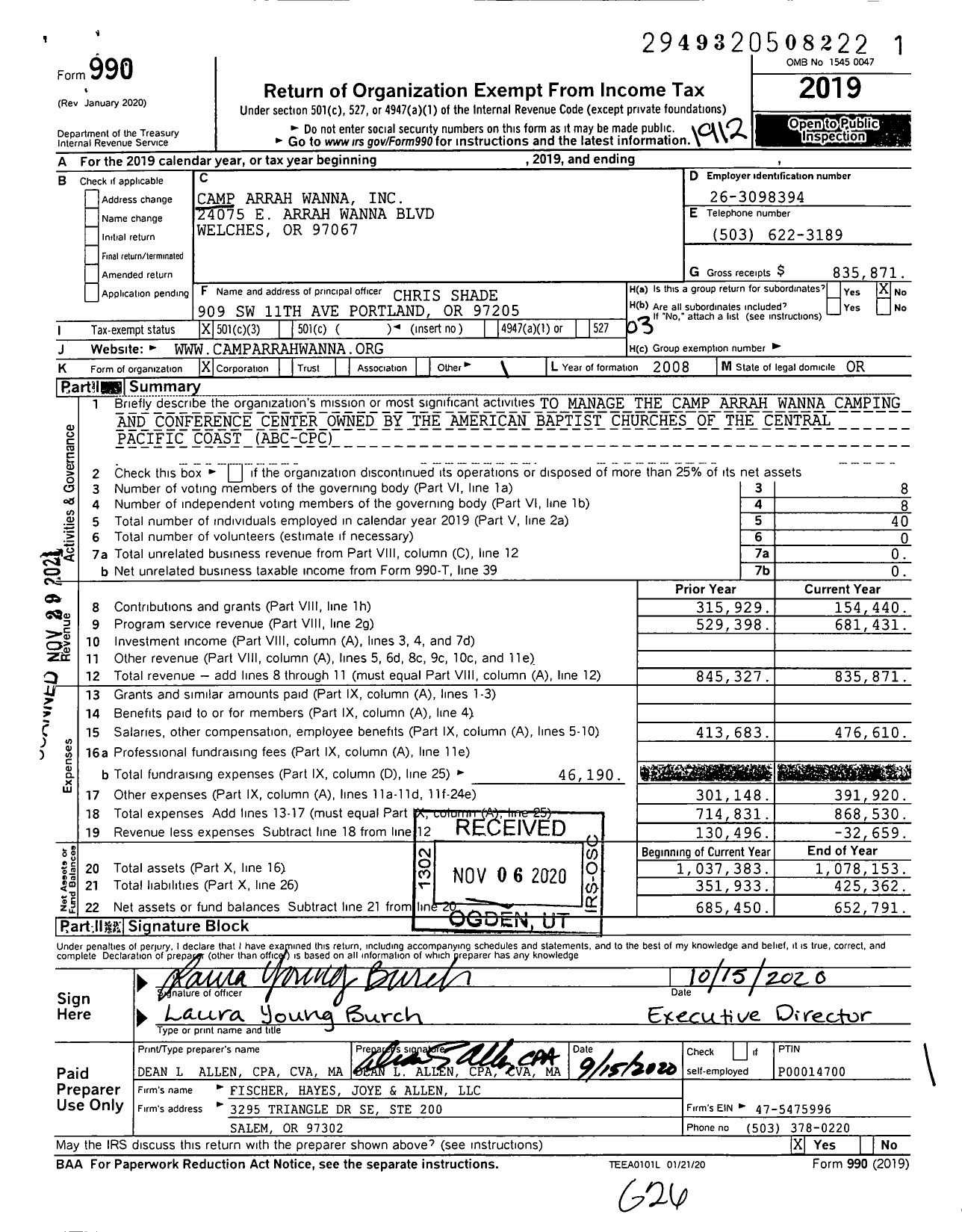 Image of first page of 2019 Form 990 for Camp Arrah Wanna