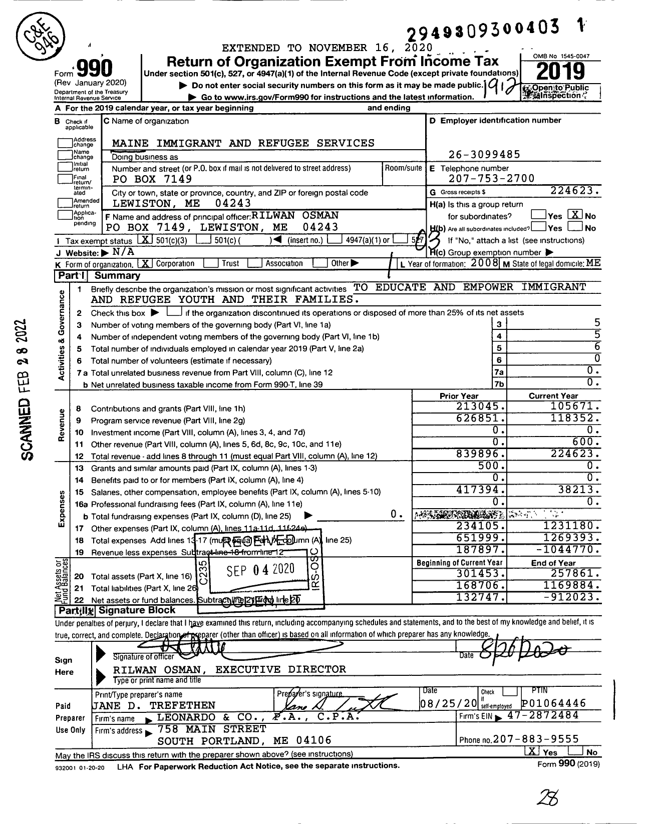 Image of first page of 2019 Form 990 for MAINE Immigrant and Refugee Services (MIRS)