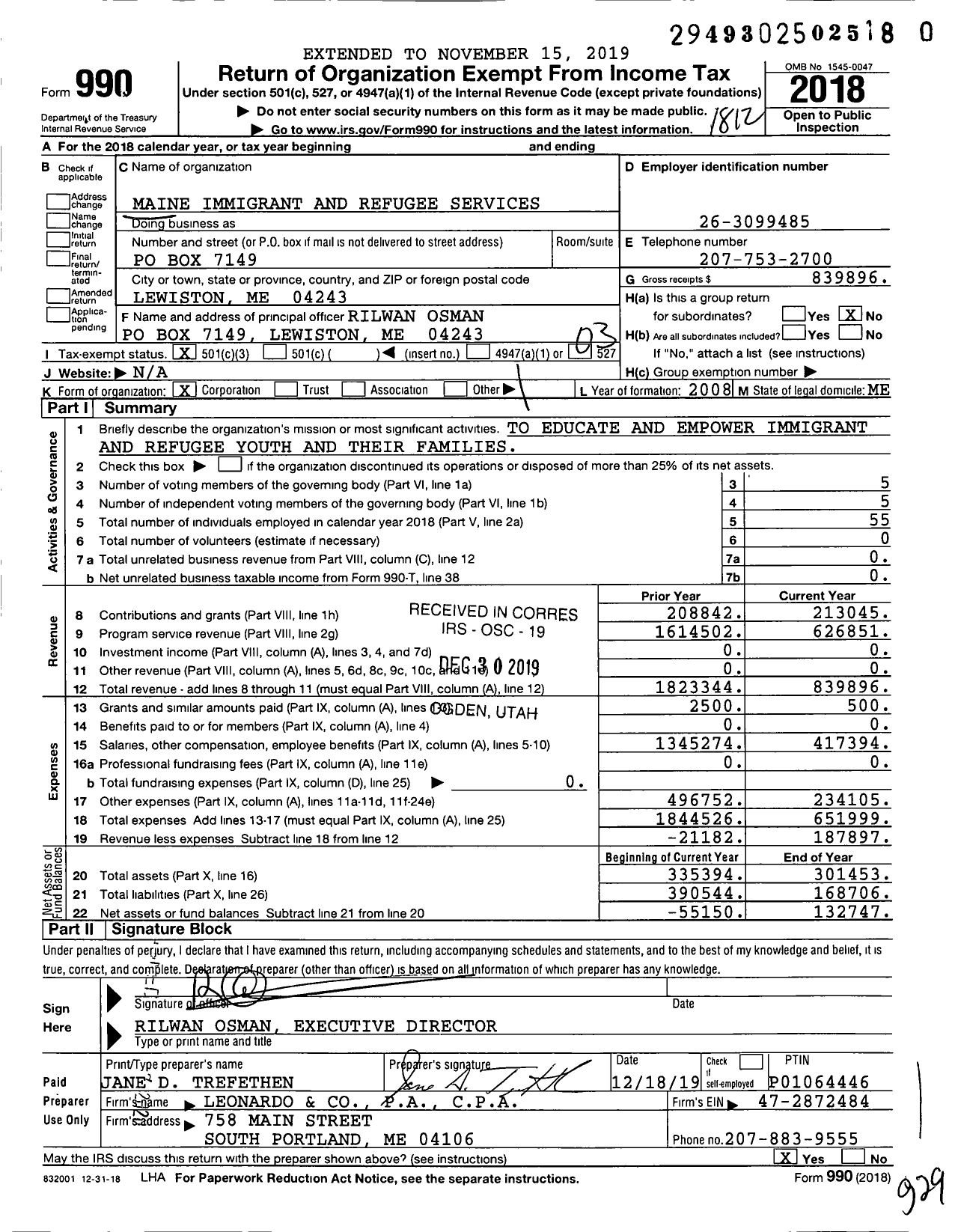 Image of first page of 2018 Form 990 for MAINE Immigrant and Refugee Services (MIRS)