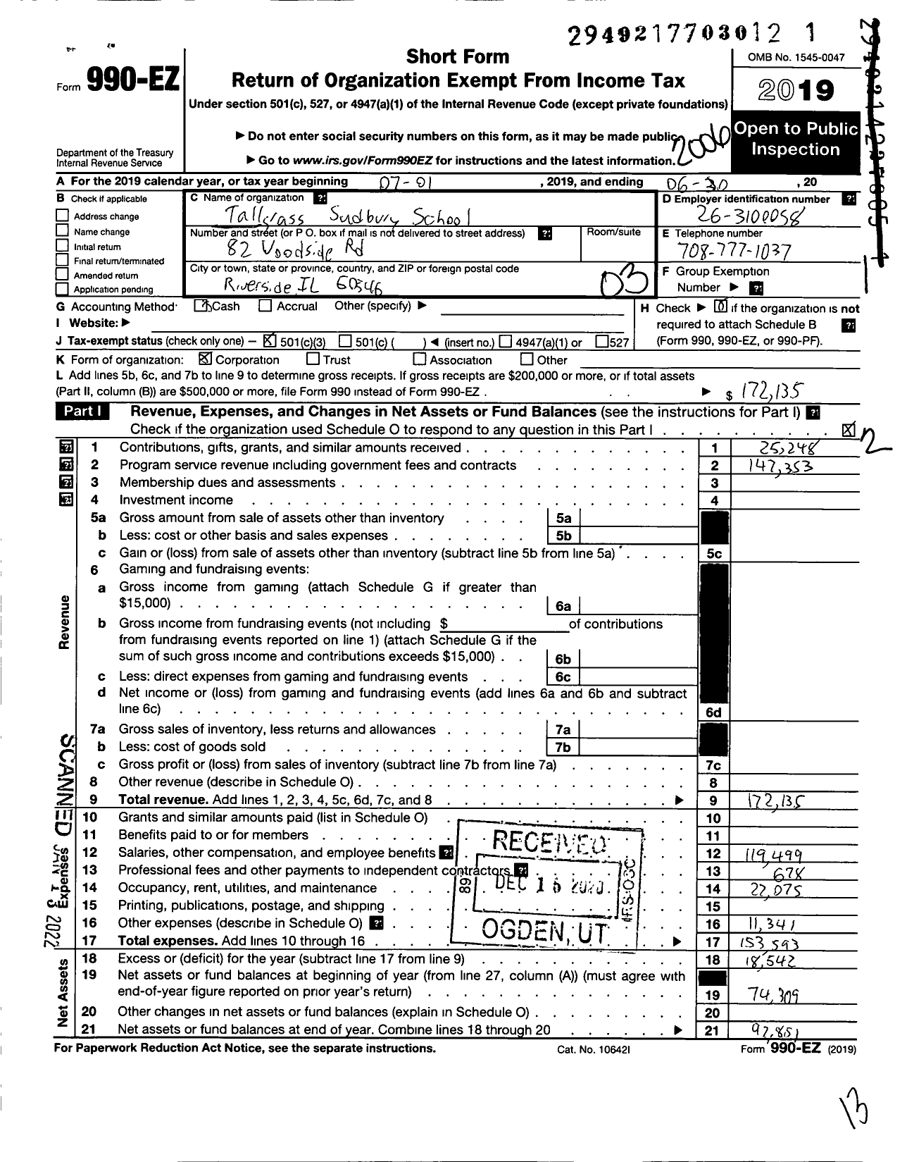 Image of first page of 2019 Form 990EZ for Tallgrass Sudbury School