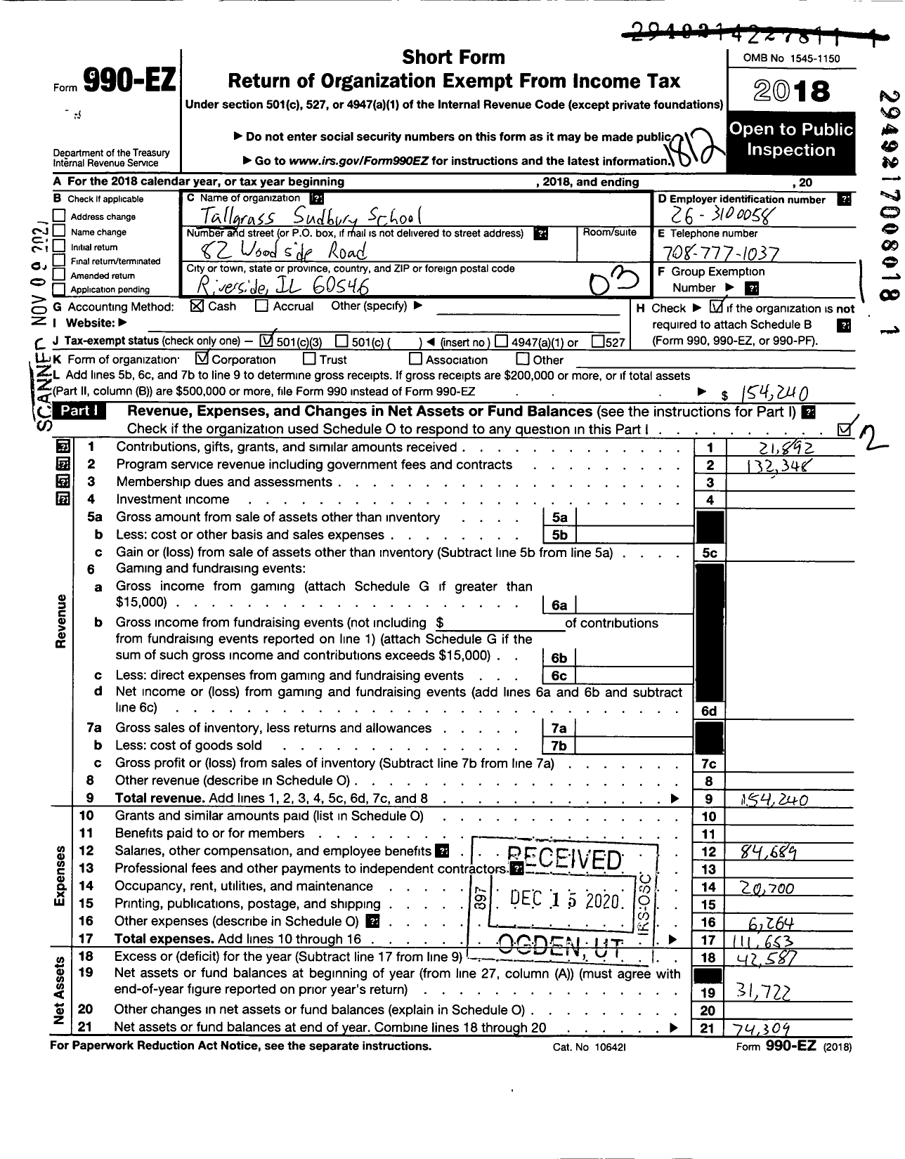 Image of first page of 2018 Form 990EZ for Tallgrass Sudbury School